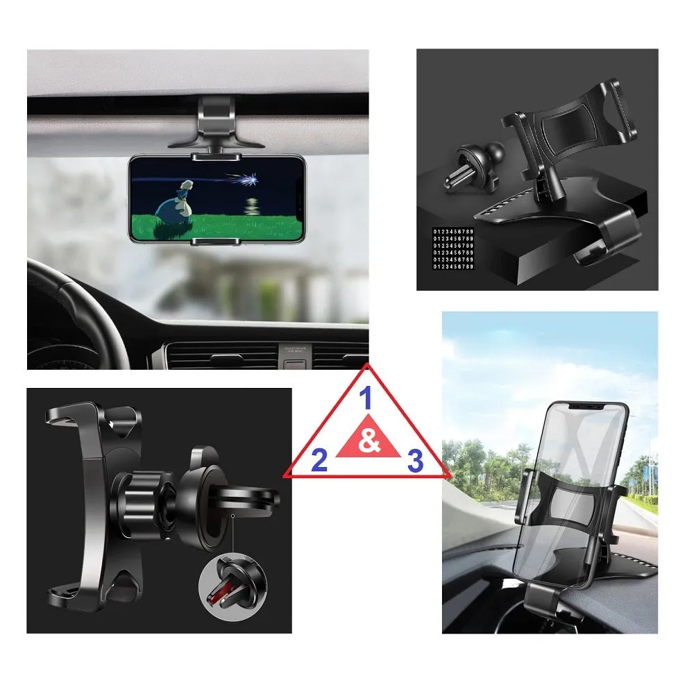 3 in 1 Car GPS Smartphone Holder: Dashboard / Visor Clamp   AC Grid Clip for Sharp Android One S3 - Black