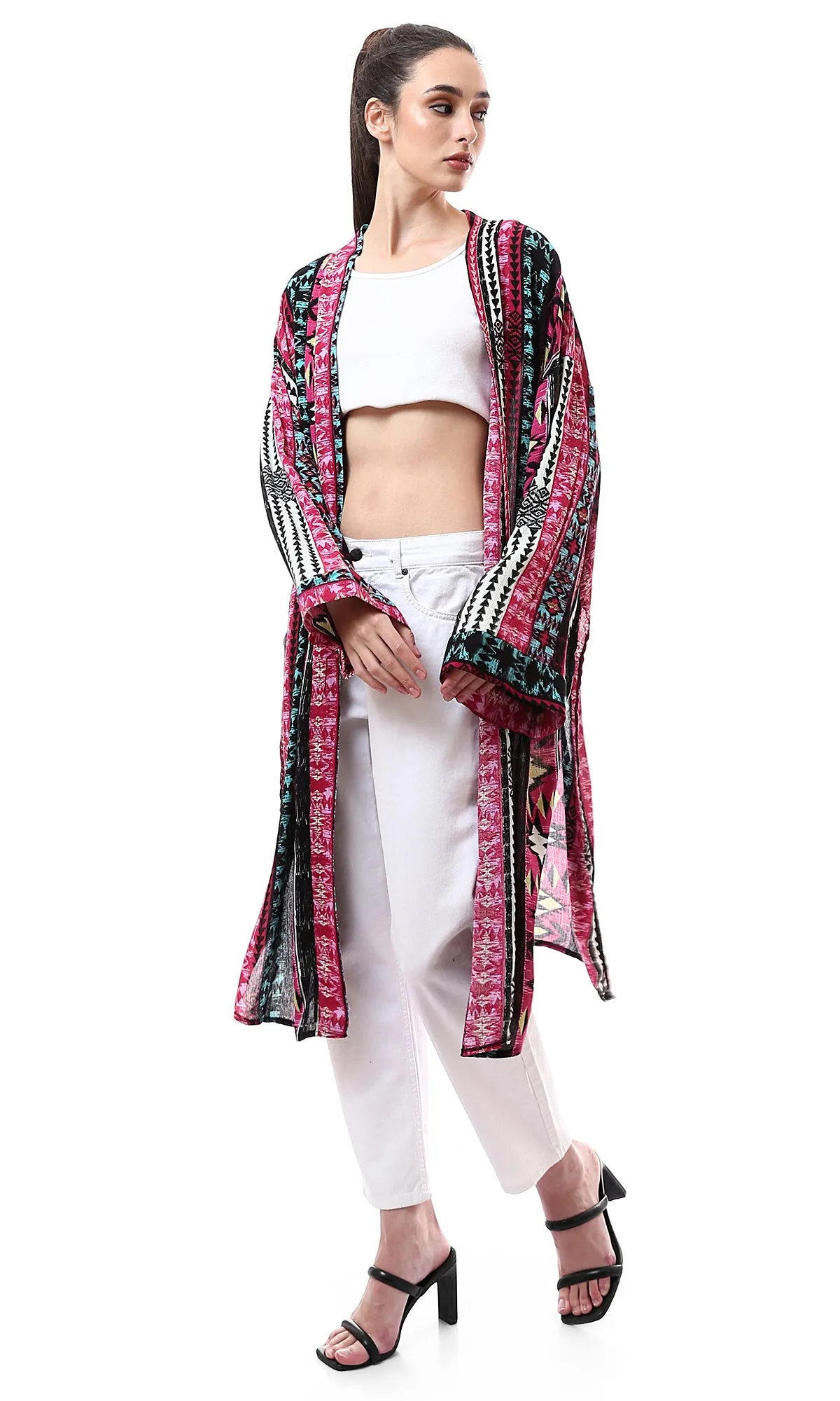 99010 Multi-Patterns Lightweight Cardigan With Slits - Multicolour