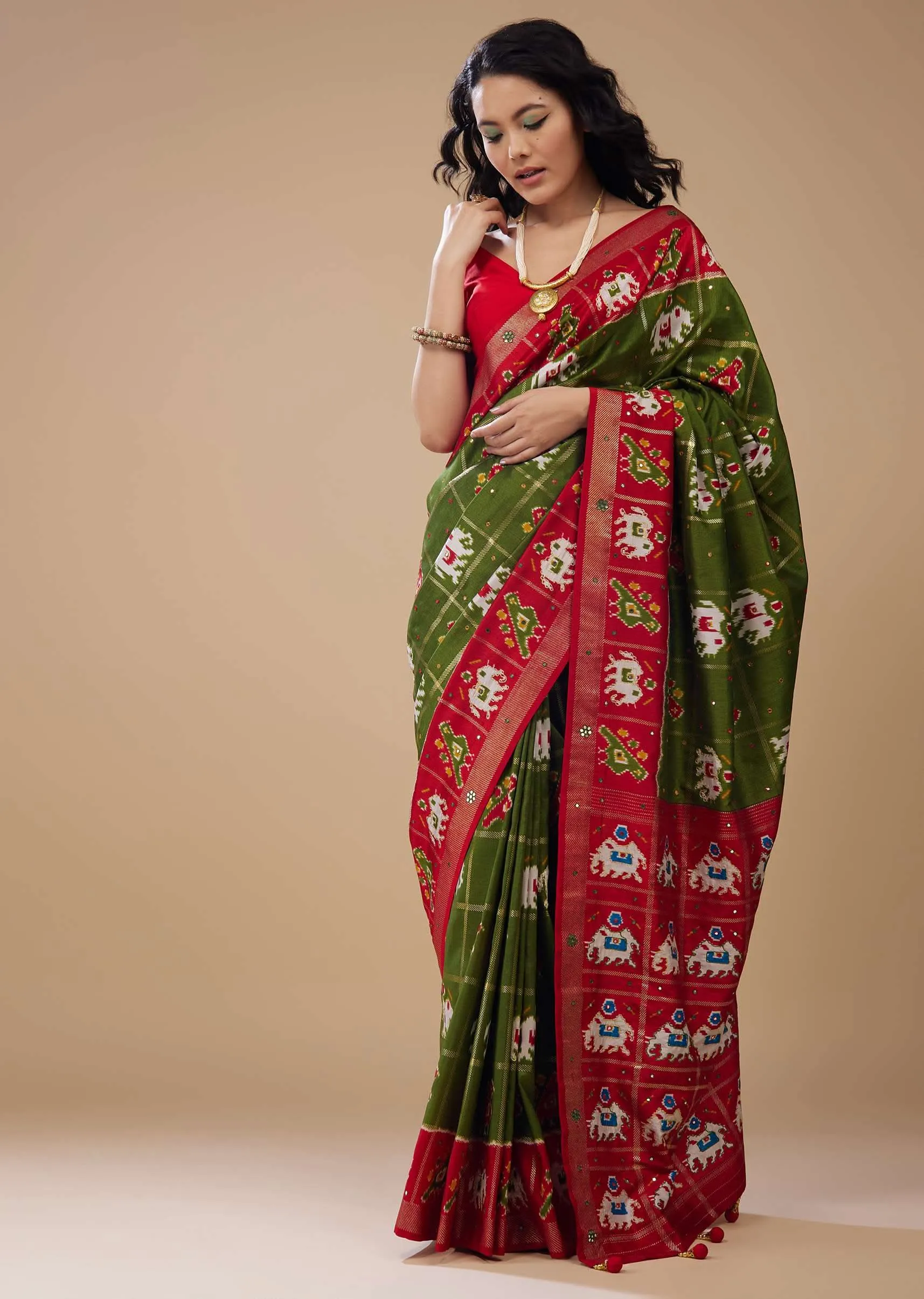 Army Green Patola Print Saree In Satin