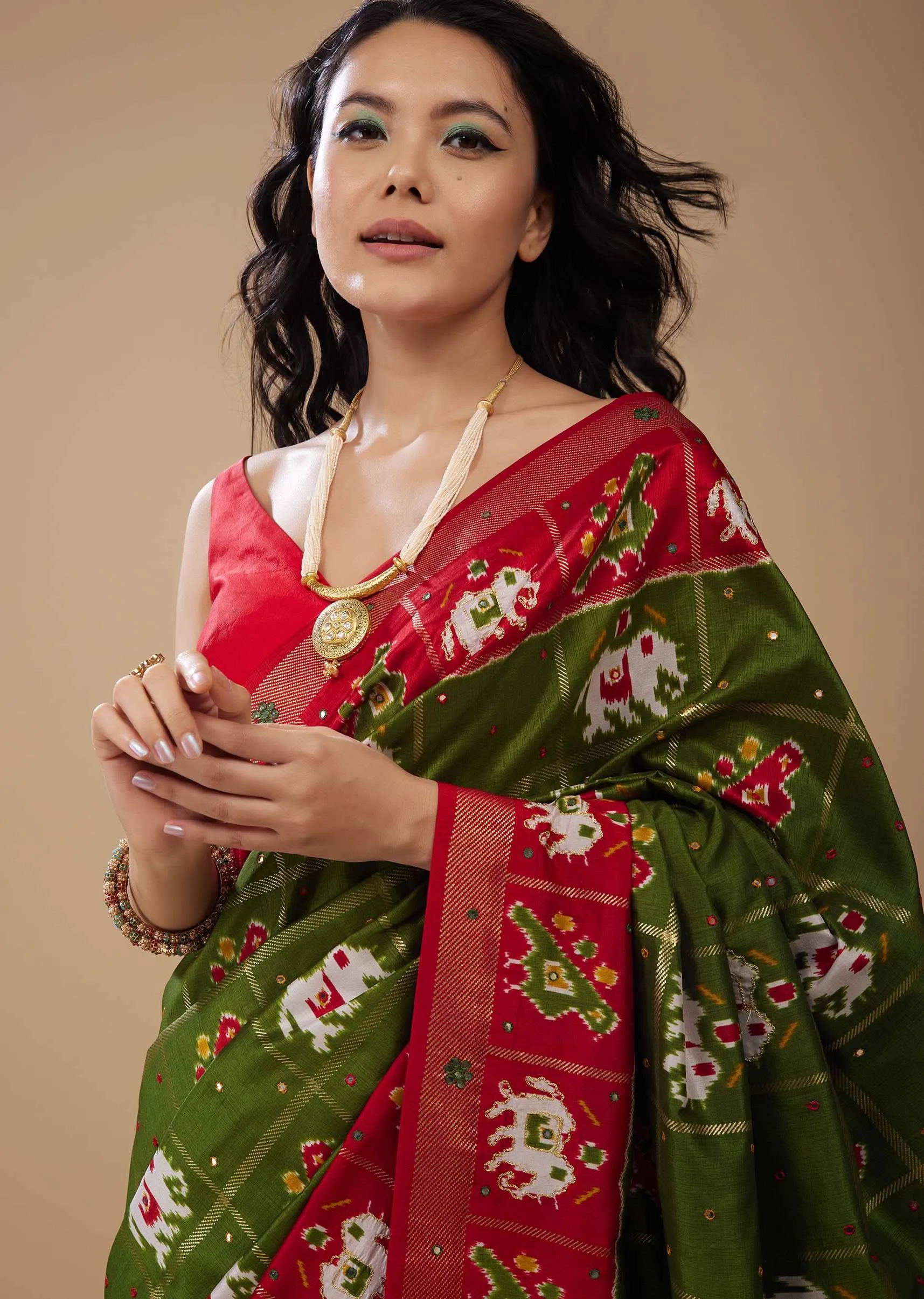 Army Green Patola Print Saree In Satin