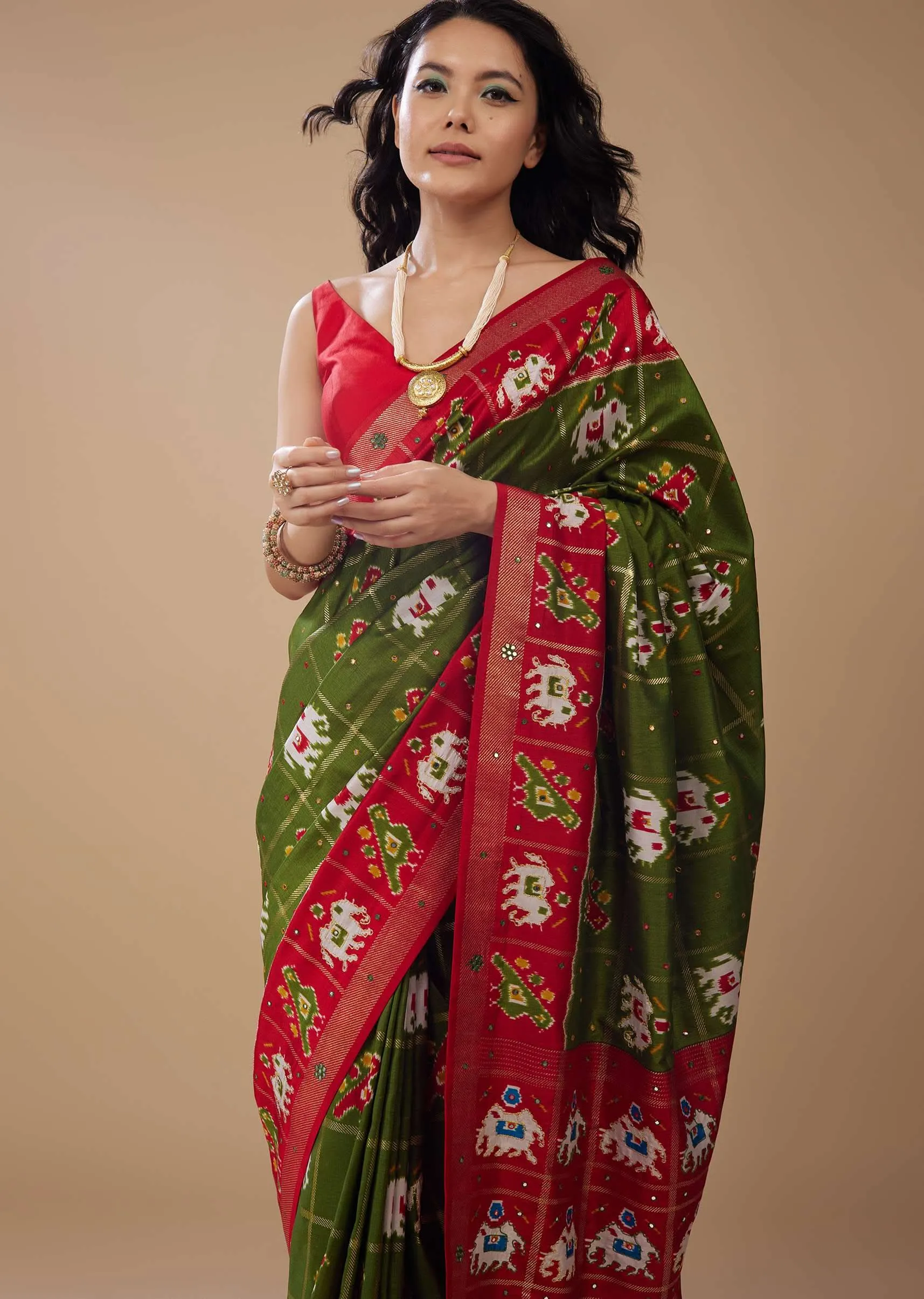 Army Green Patola Print Saree In Satin