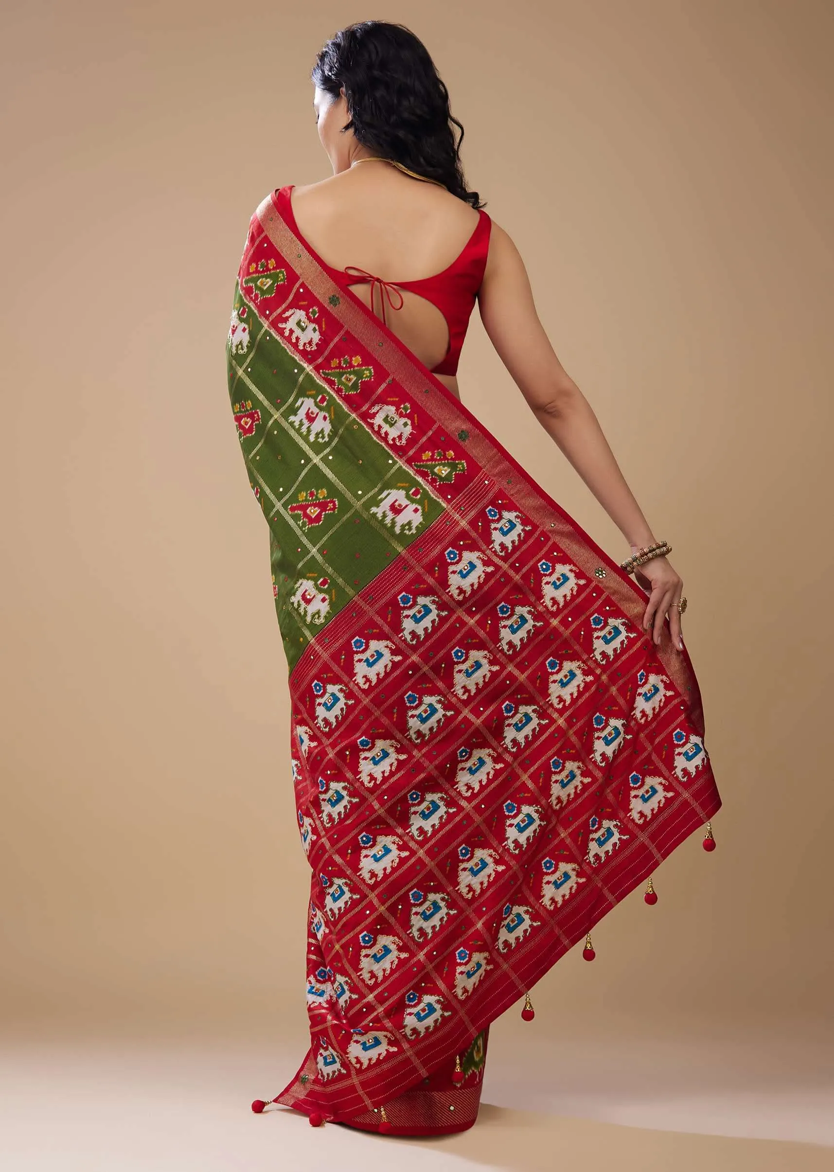 Army Green Patola Print Saree In Satin