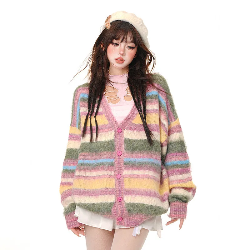Autumn Sweet Cute Style Rainbow Striped Cardigan Sweater