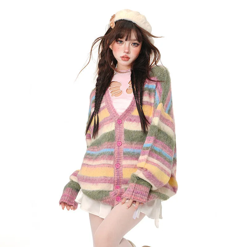 Autumn Sweet Cute Style Rainbow Striped Cardigan Sweater