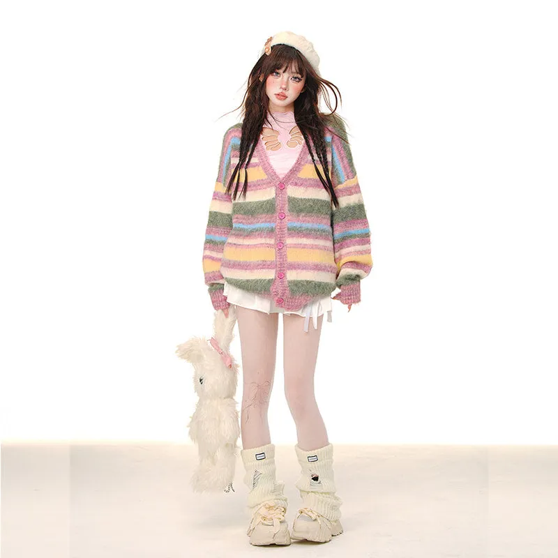 Autumn Sweet Cute Style Rainbow Striped Cardigan Sweater