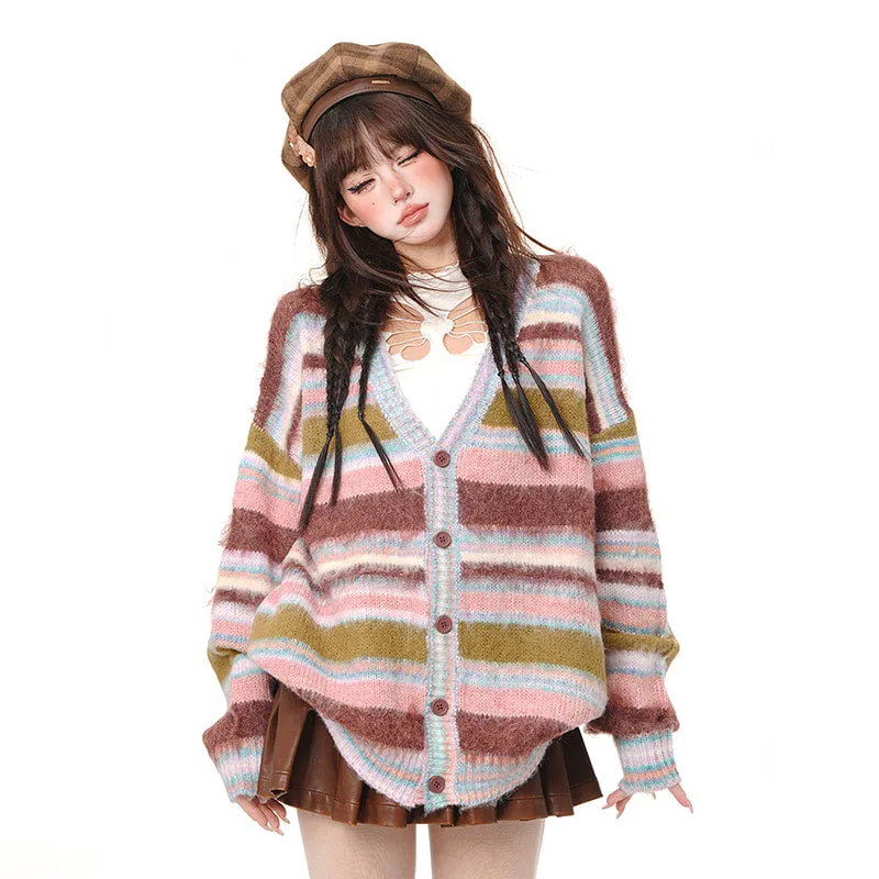 Autumn Sweet Cute Style Rainbow Striped Cardigan Sweater