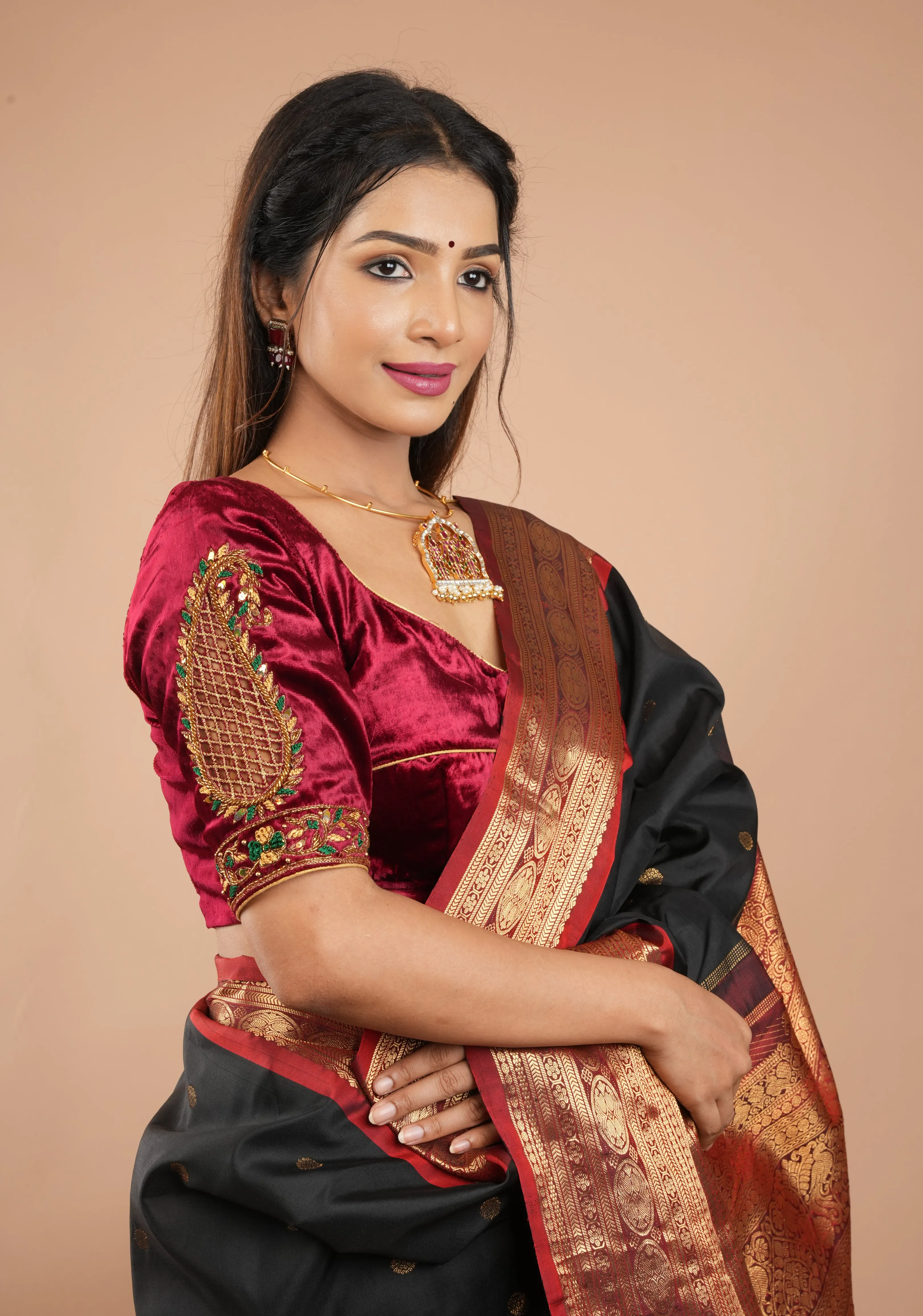 Exquisite Maroon Velvet Blouse with Handmade Cutwork and Zardosi and Meenakari, Customizable, Made to Order
