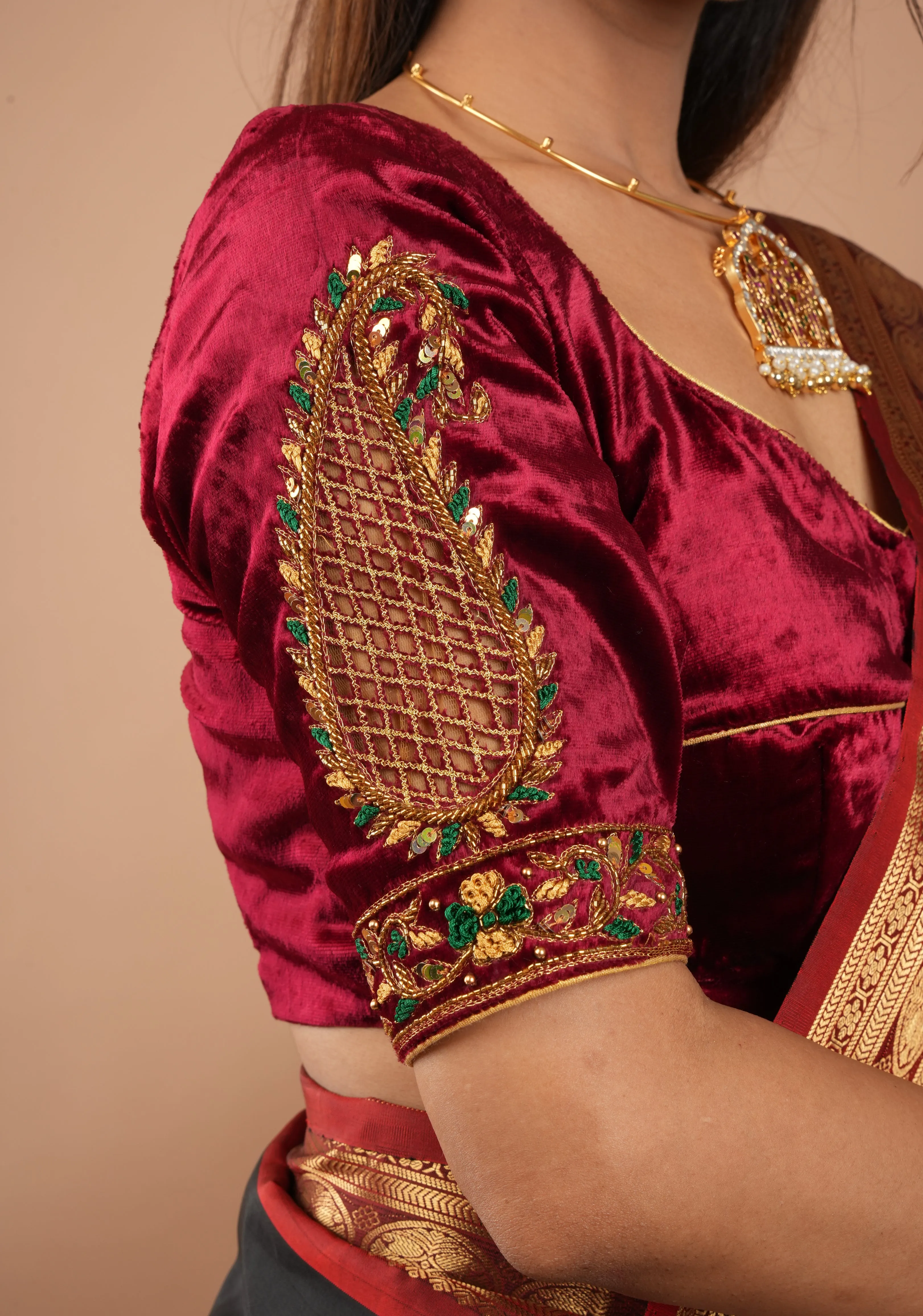 Exquisite Maroon Velvet Blouse with Handmade Cutwork and Zardosi and Meenakari, Customizable, Made to Order