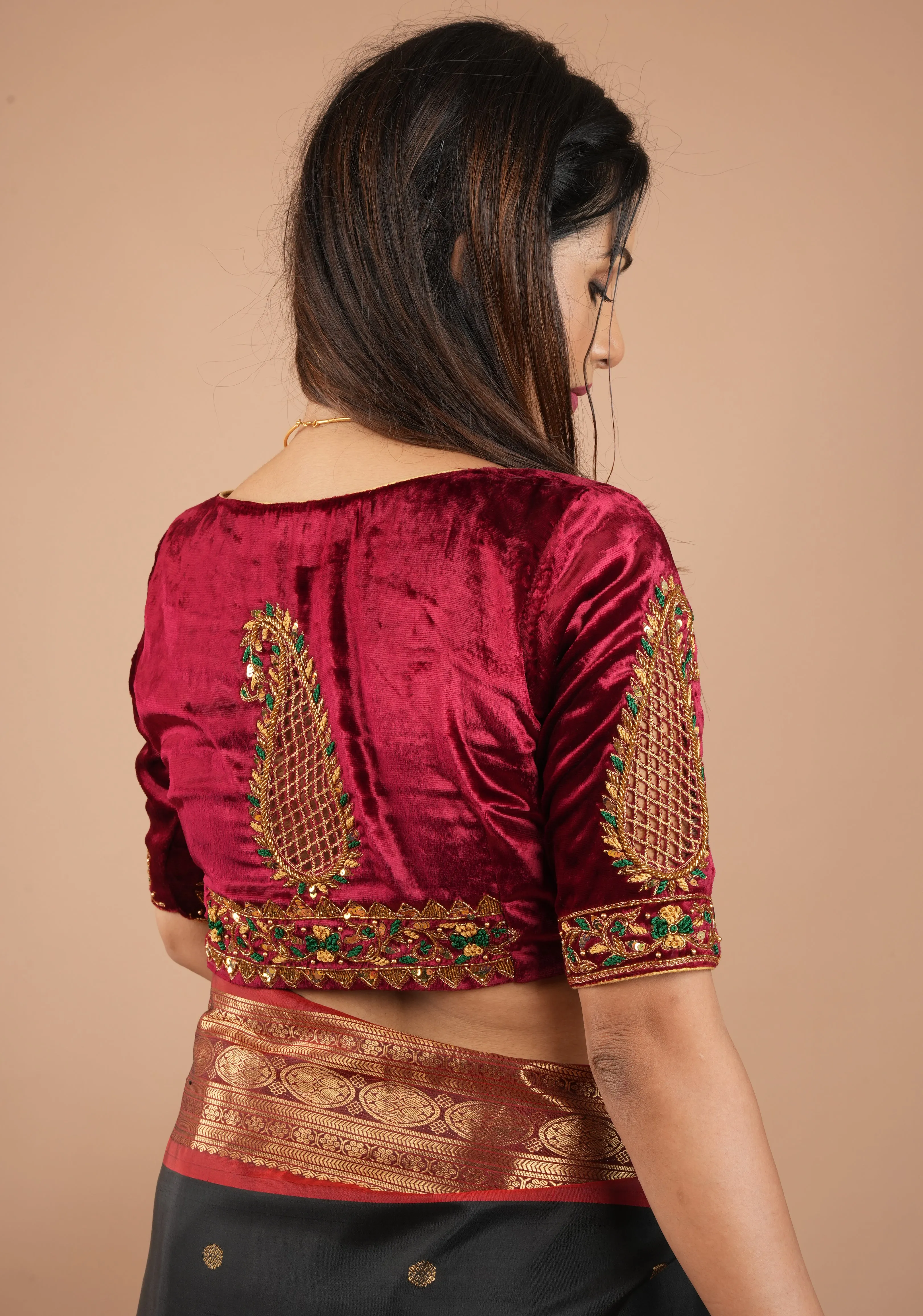 Exquisite Maroon Velvet Blouse with Handmade Cutwork and Zardosi and Meenakari, Customizable, Made to Order