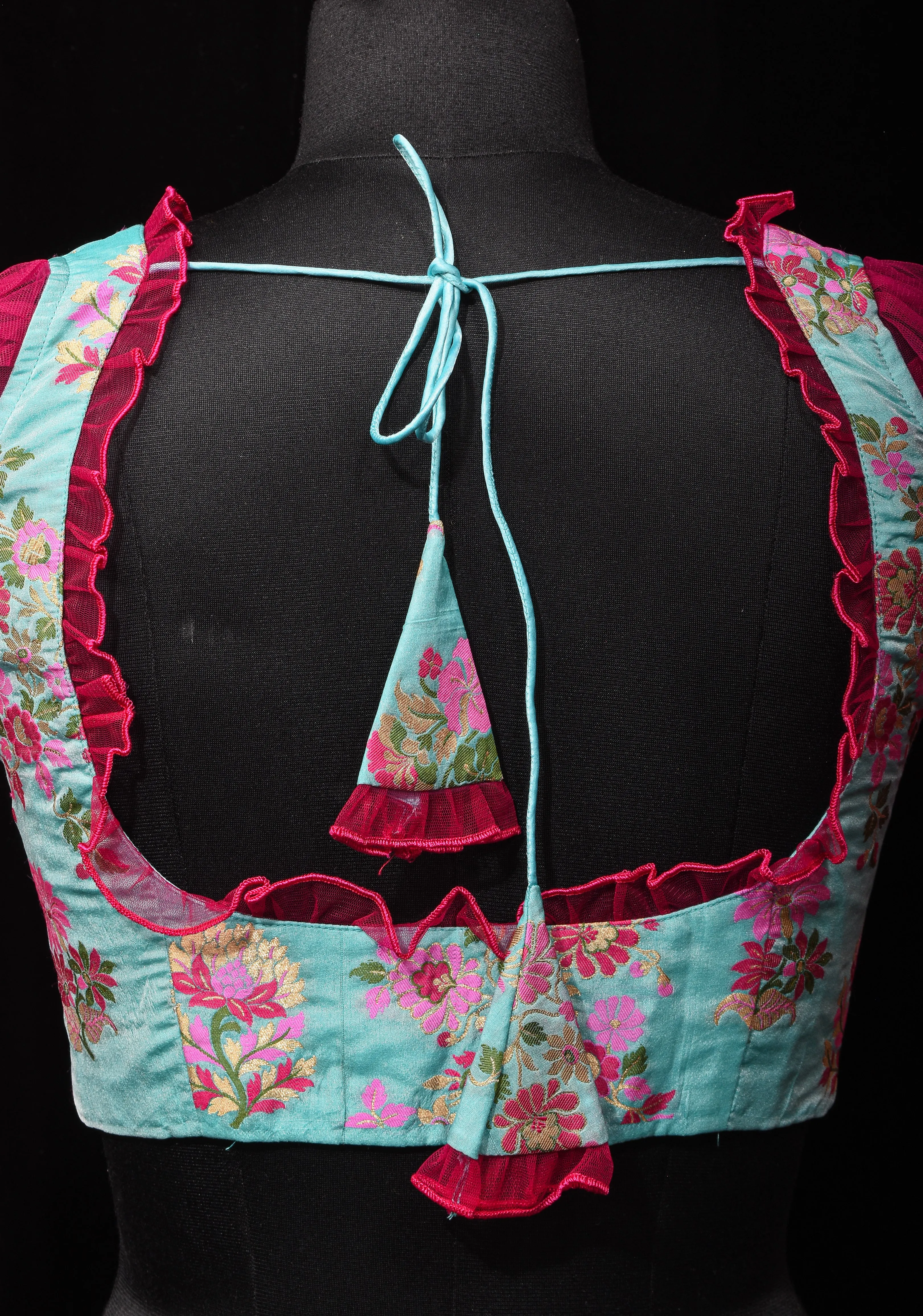 Mint Green Banarasi Meenakari Blouse with Fuchsia Net layered Puff Sleeves,customizable, made-to-order