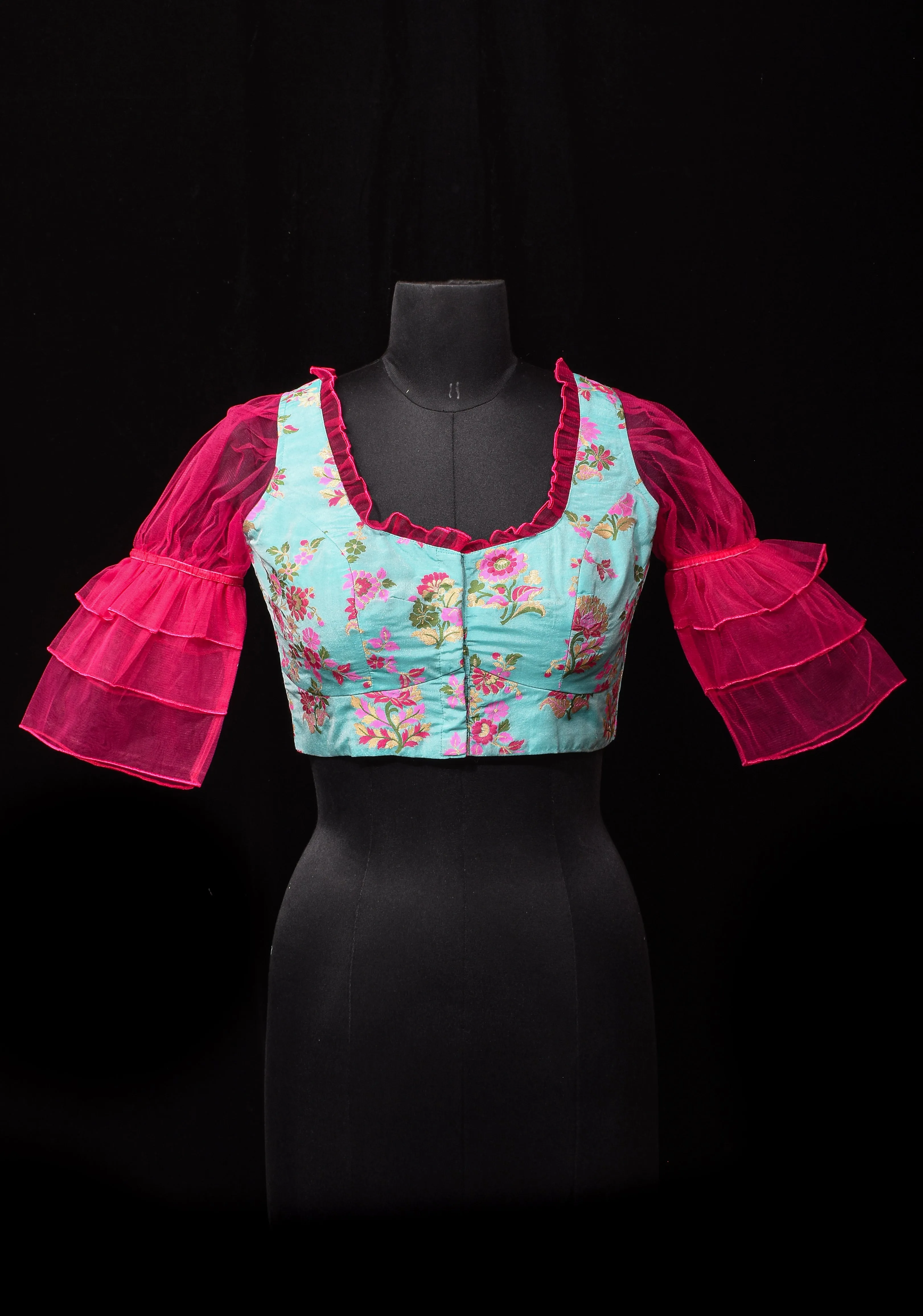 Mint Green Banarasi Meenakari Blouse with Fuchsia Net layered Puff Sleeves,customizable, made-to-order