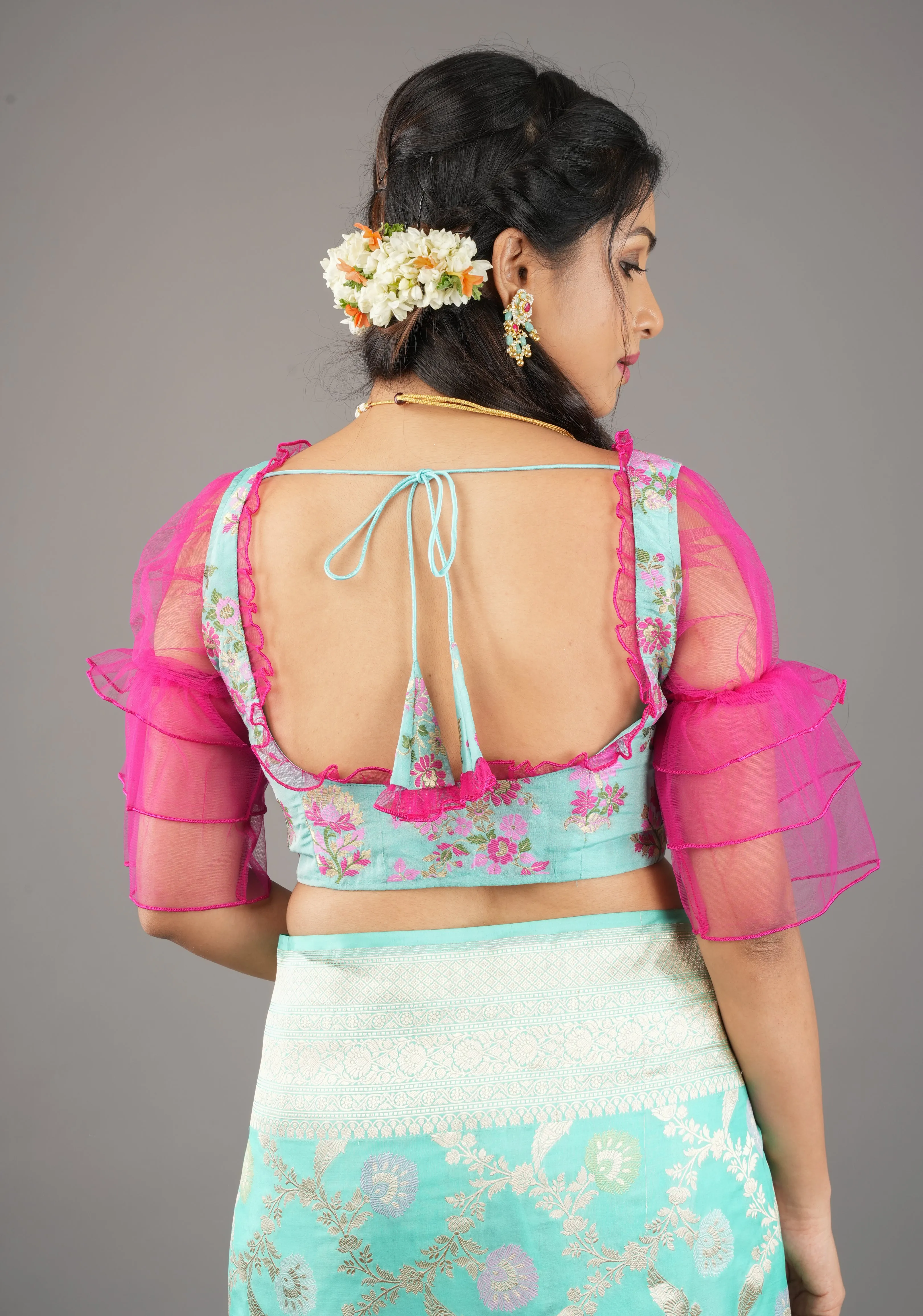 Mint Green Banarasi Meenakari Blouse with Fuchsia Net layered Puff Sleeves,customizable, made-to-order