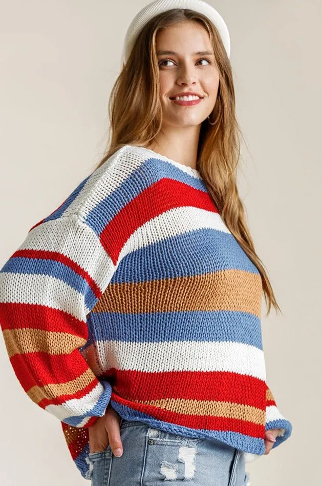 Multicolored Striped Round Neck Long Sleeve Knit Top Sweater