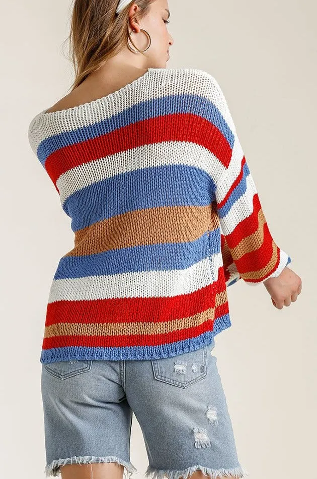 Multicolored Striped Round Neck Long Sleeve Knit Top Sweater