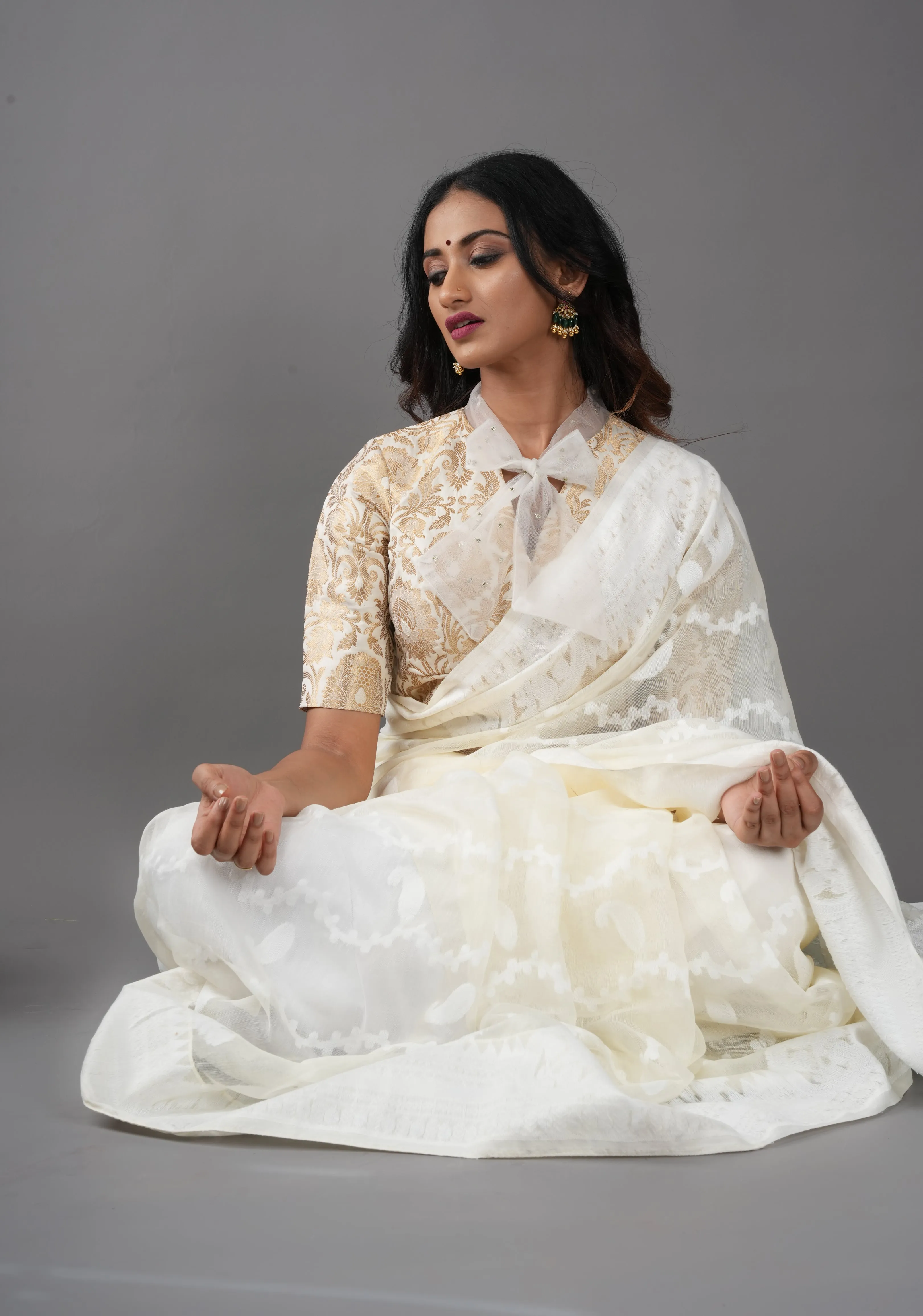 Off White Banarasi Brocade Blouse with Tie Neck, Customizable, Made to Order