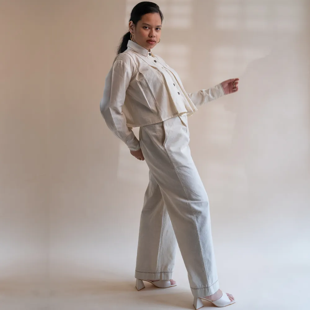 Pleated Crop Shirt | Warm Ivory Tone | Hand Crafted Kantha Work