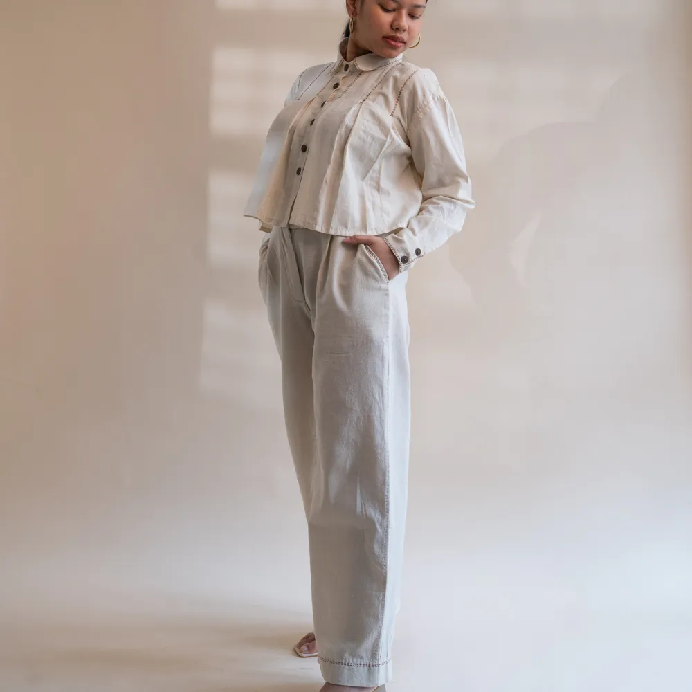Pleated Crop Shirt | Warm Ivory Tone | Hand Crafted Kantha Work