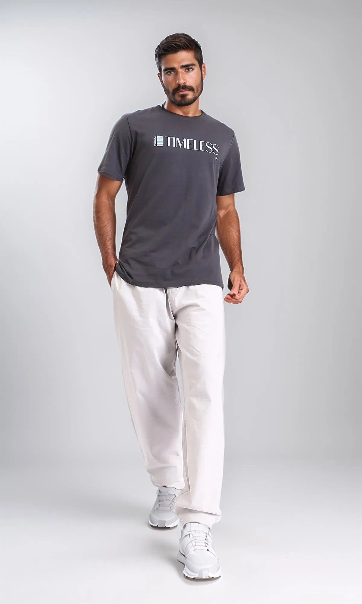 R208578 - Printed "Timeless" Elbow Sleeves Tee - Dark Grey
