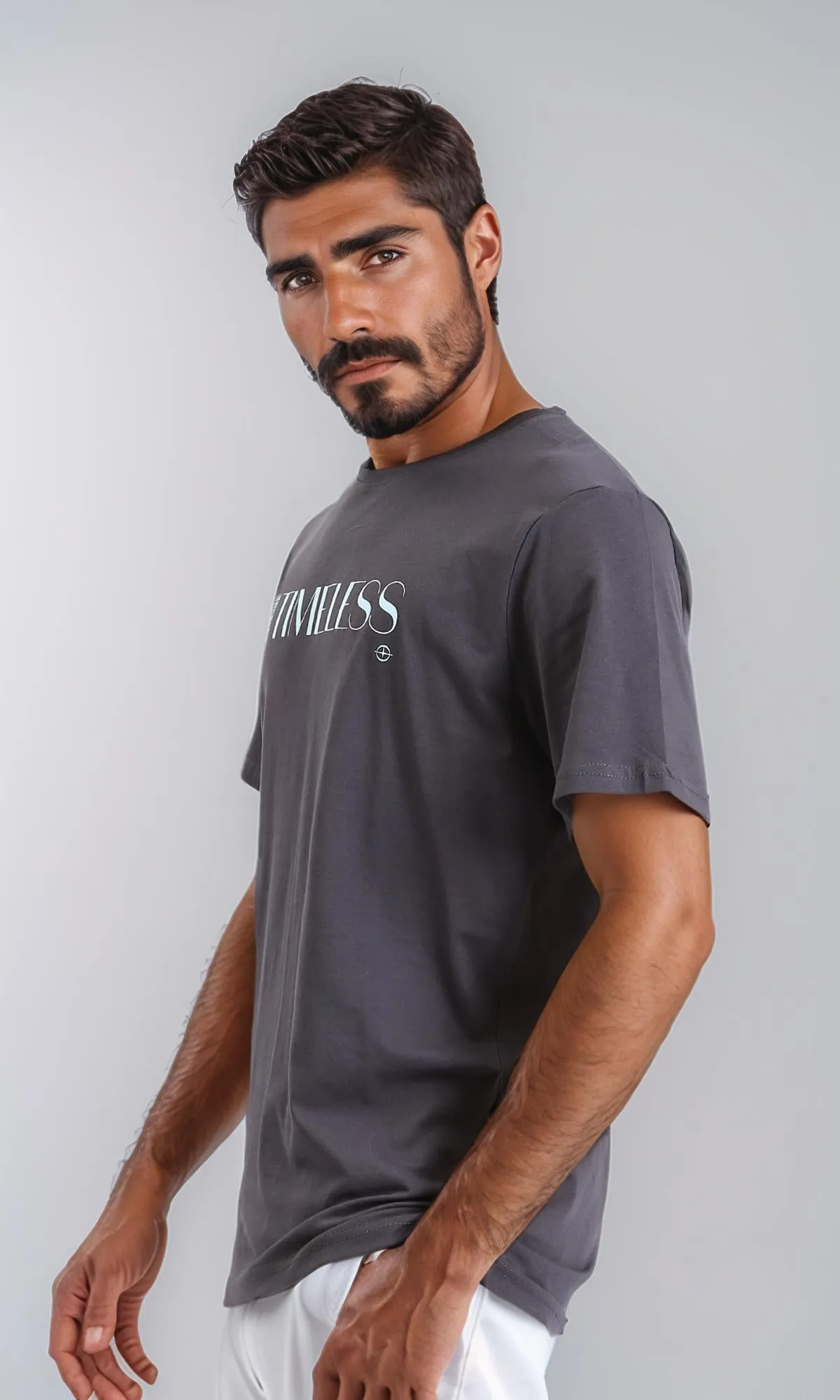 R208578 - Printed "Timeless" Elbow Sleeves Tee - Dark Grey