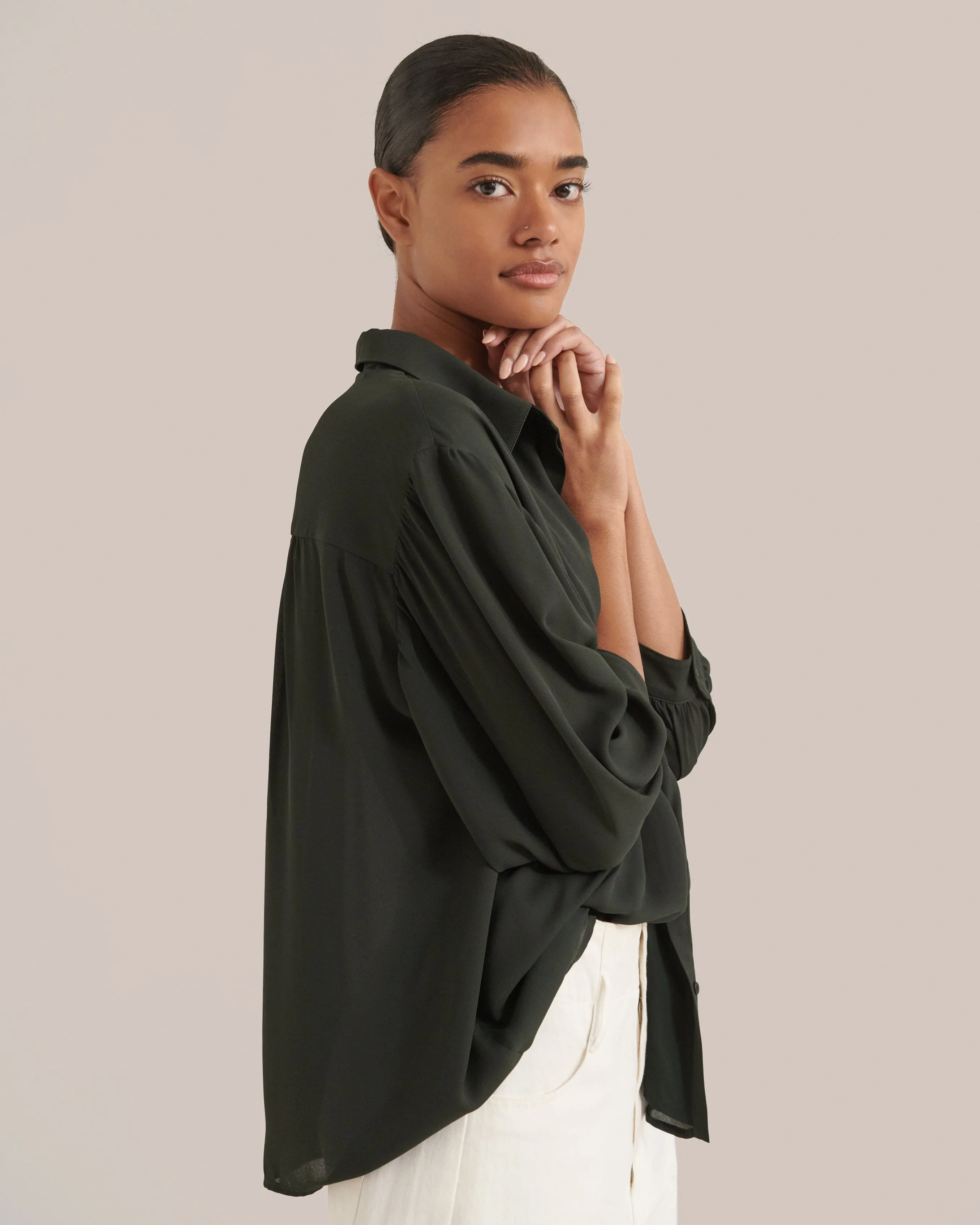 Sandra Balloon-Sleeve Button-Front Blouse