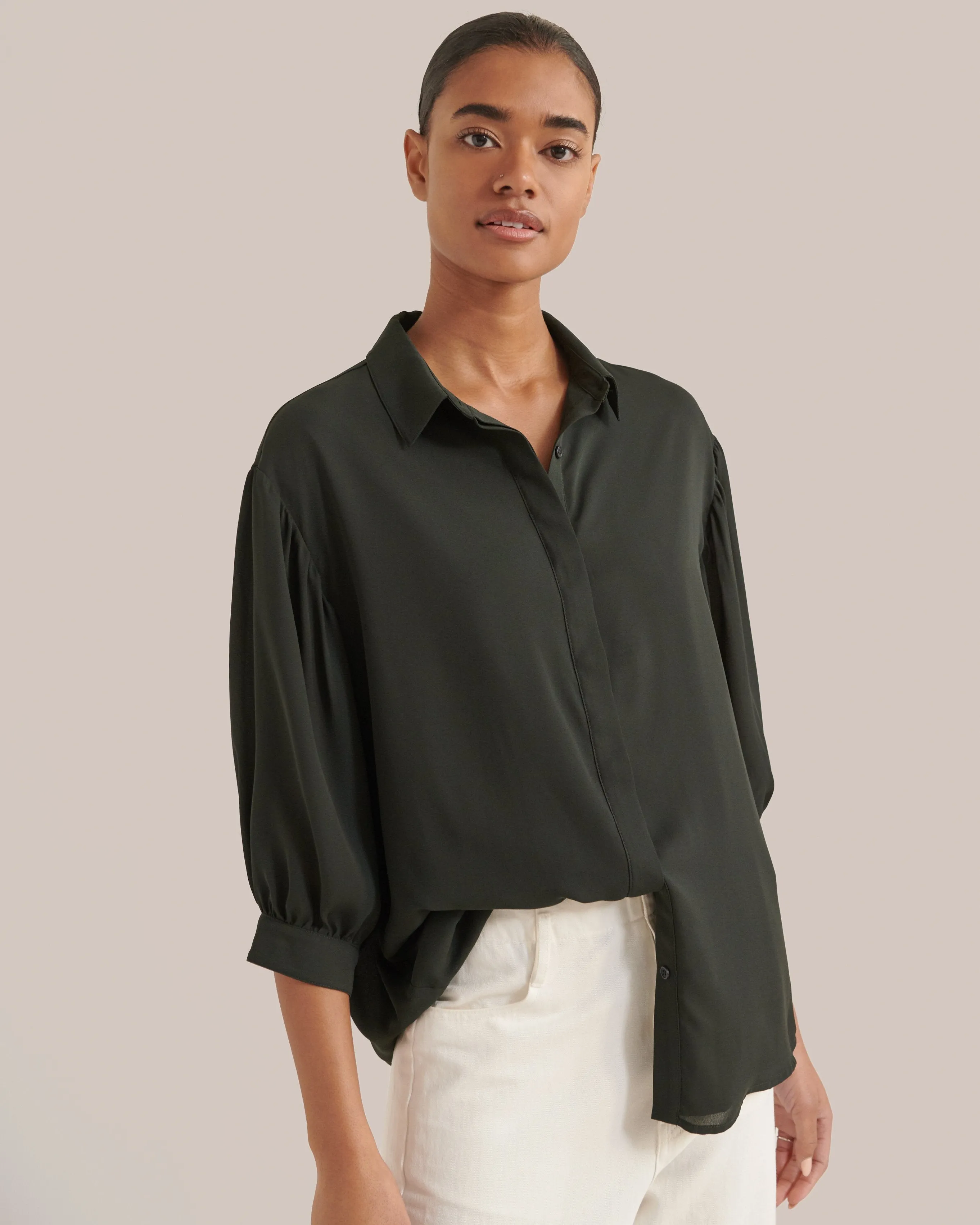 Sandra Balloon-Sleeve Button-Front Blouse