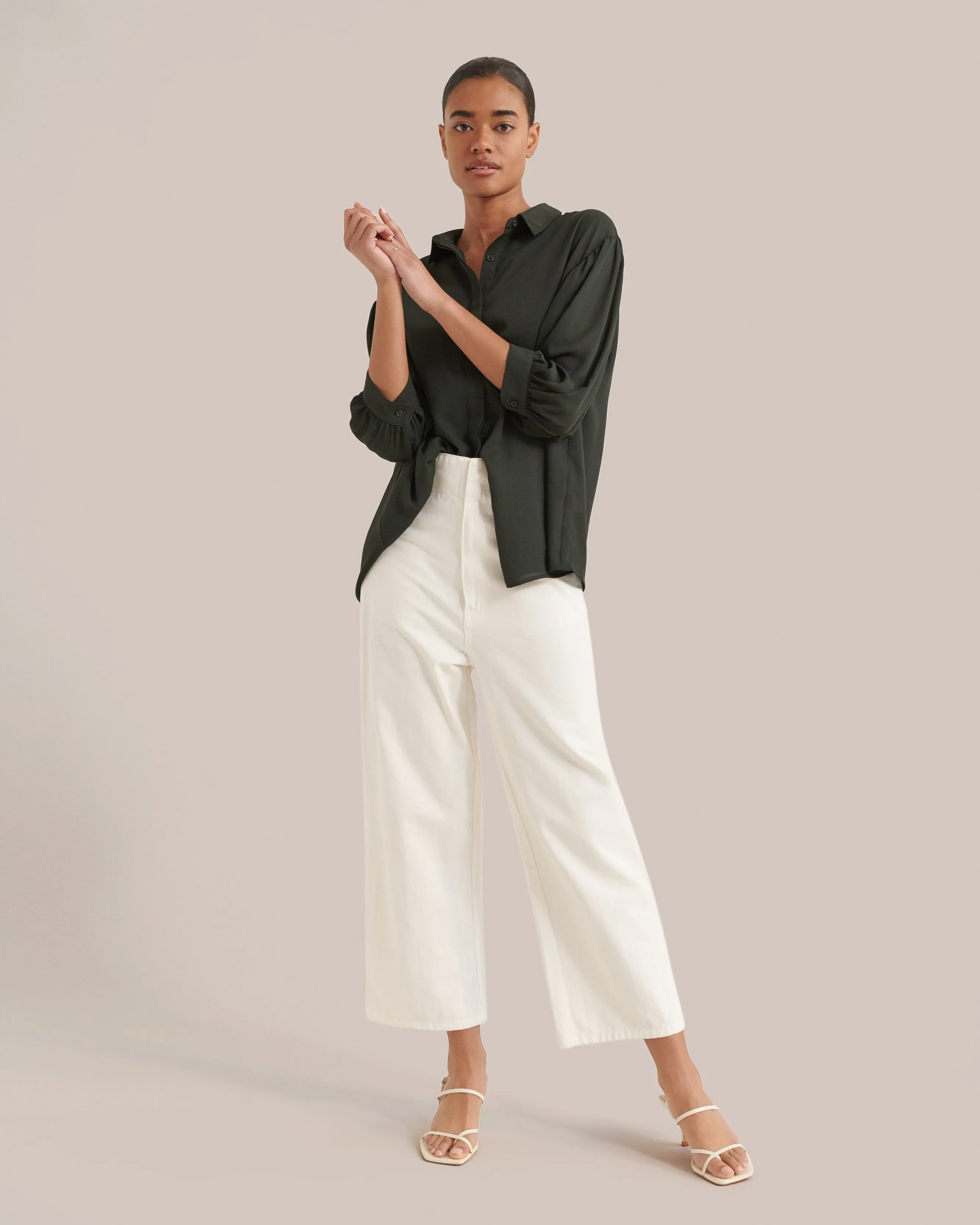 Sandra Balloon-Sleeve Button-Front Blouse