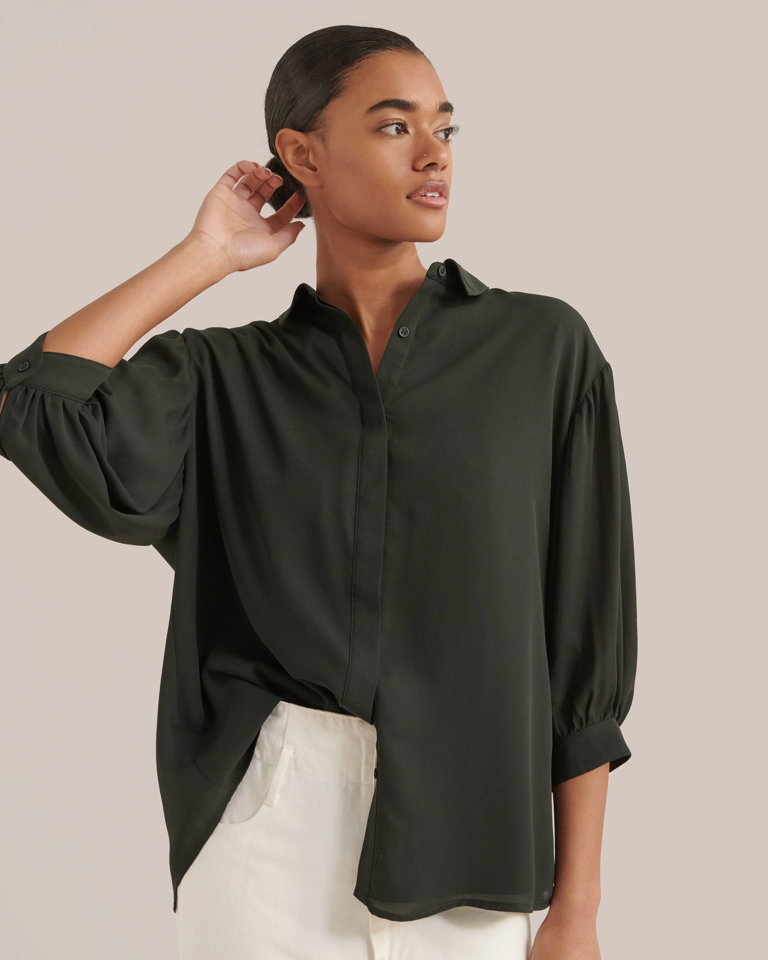 Sandra Balloon-Sleeve Button-Front Blouse