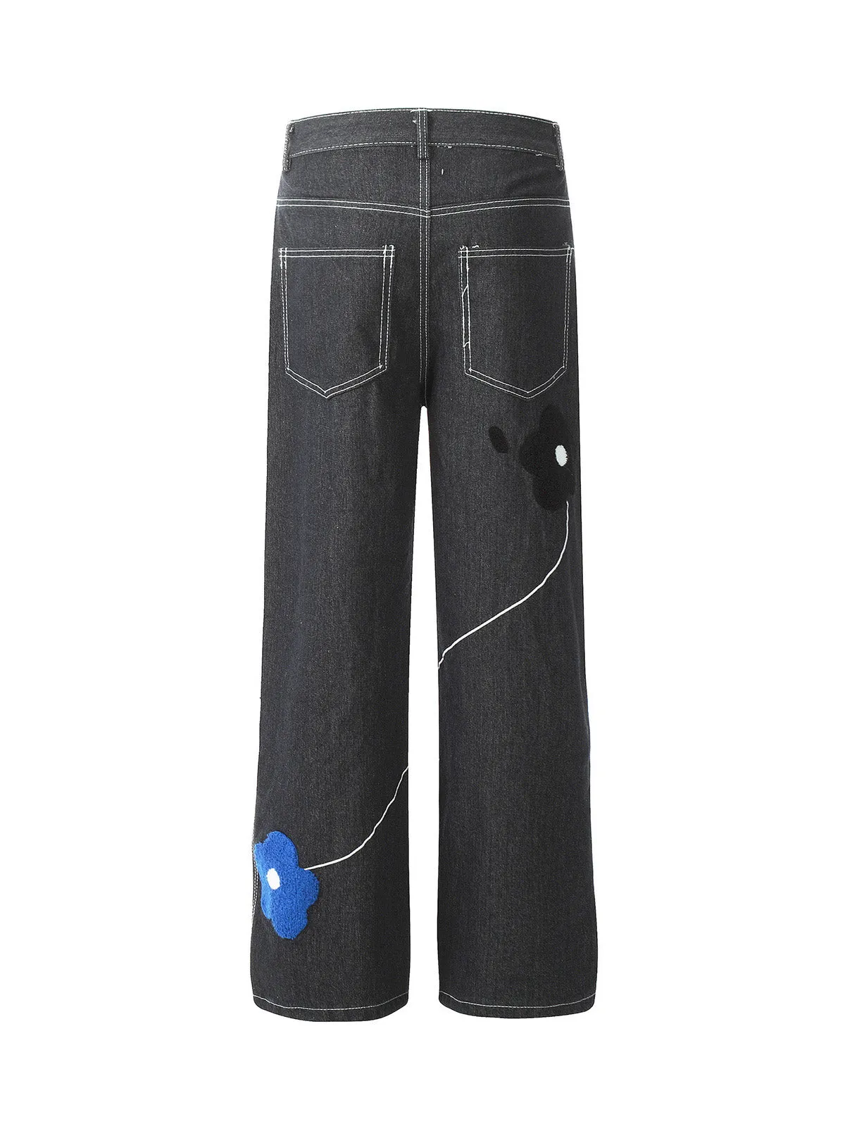 Sneakerhill Vintage Floral Embroidery Washed Straight Leg Jeans