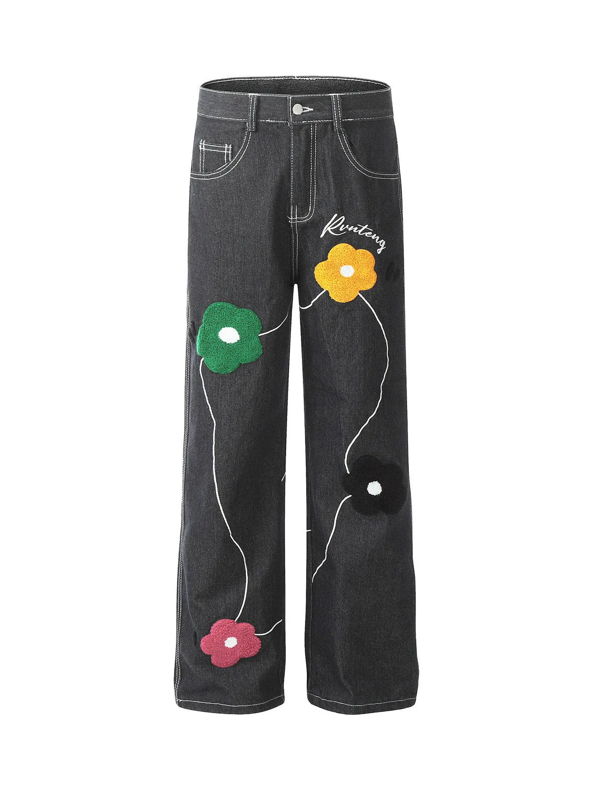 Sneakerhill Vintage Floral Embroidery Washed Straight Leg Jeans