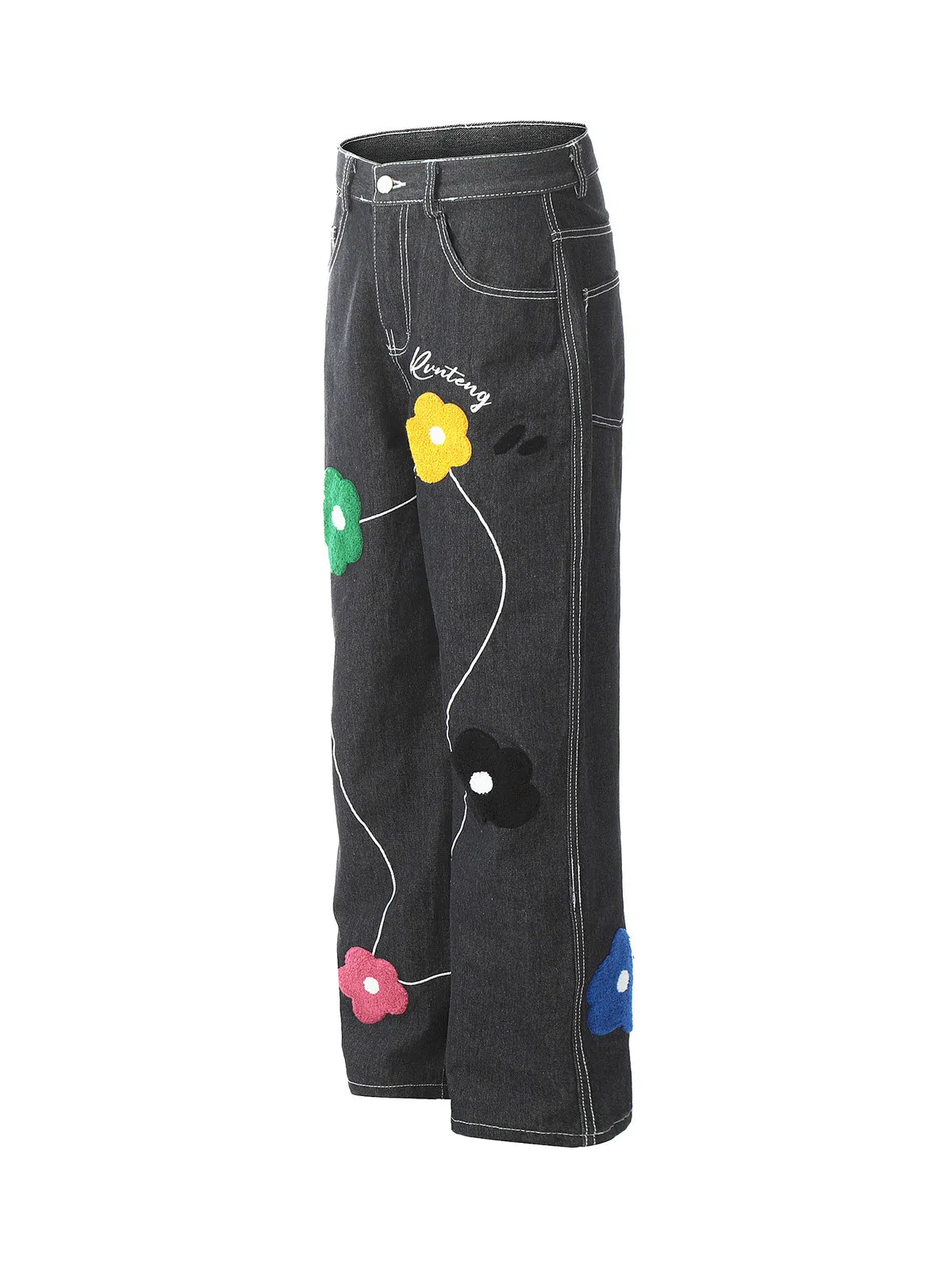 Sneakerhill Vintage Floral Embroidery Washed Straight Leg Jeans