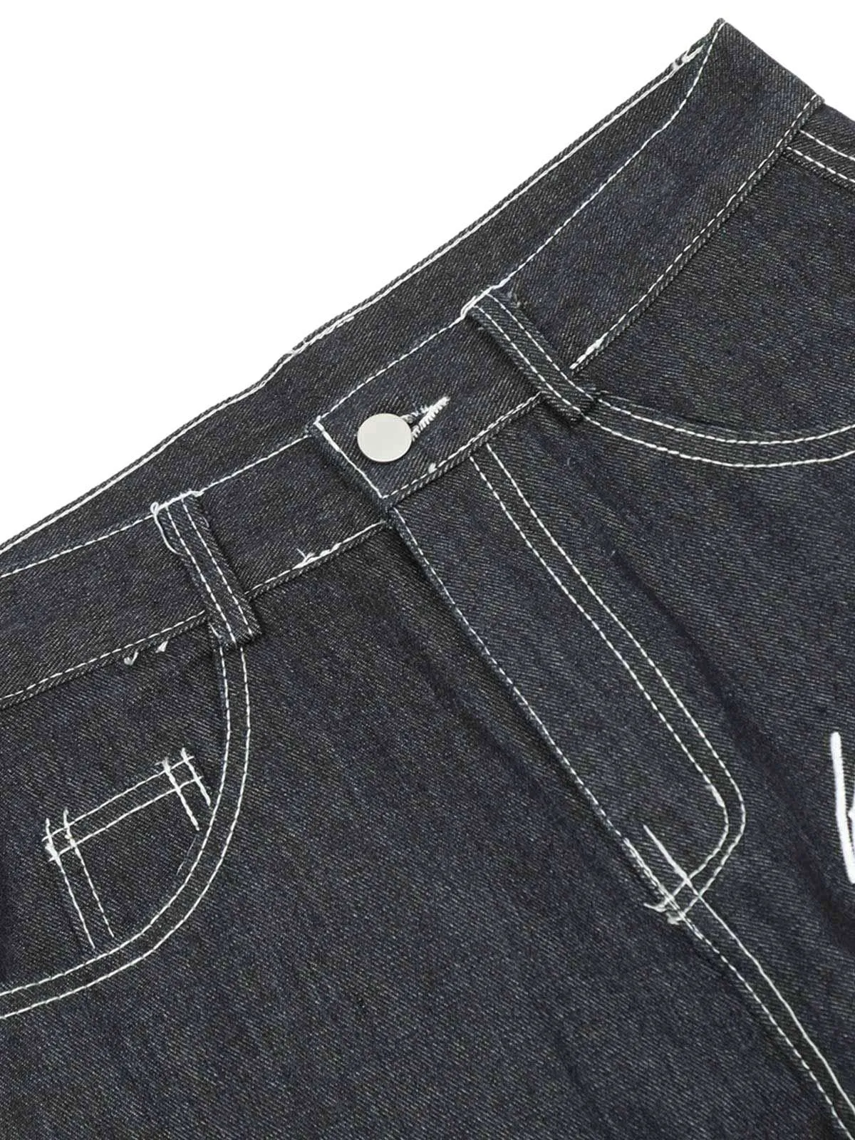 Sneakerhill Vintage Floral Embroidery Washed Straight Leg Jeans