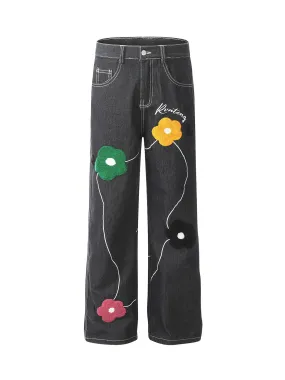 Sneakerhill Vintage Floral Embroidery Washed Straight Leg Jeans