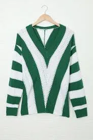 Striped Colorblock V Neck Knitted Sweater